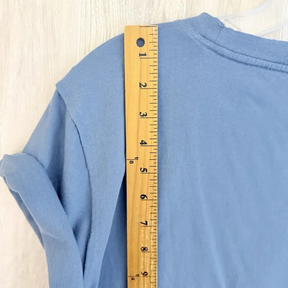 We The Free People Tee Shirt Women XL Blue Cropped Boxy Rolled Sleeve Raw Hem - Picture 7 of 10